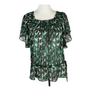 Worthington Womens Shirt Size Small Sheer Green Black Short Sleeve Top